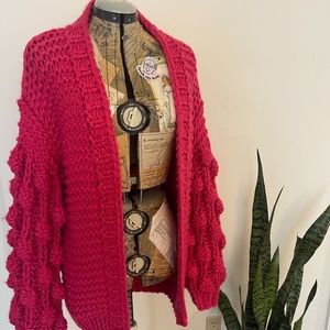 Chic Wish Hot Pink Textured Knitted Sweater Cardigan Size large w/ PomPom Sleeve